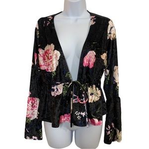 BLUE LEOPARD Rose Print Tie Front Bell Sleeve Crop Top Sz 1X